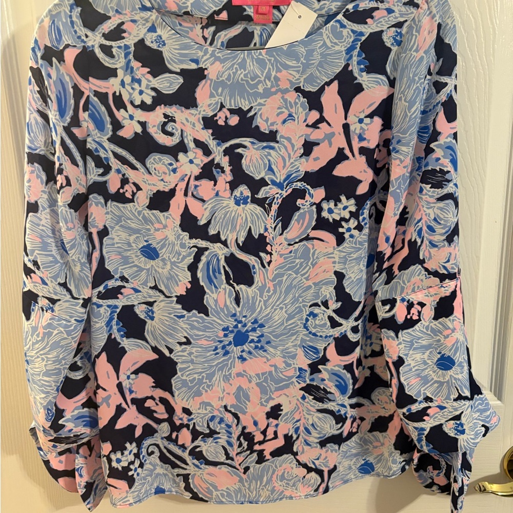 Floral Print Long-Sleeve Blouse - Navy, Pink & Light Blue